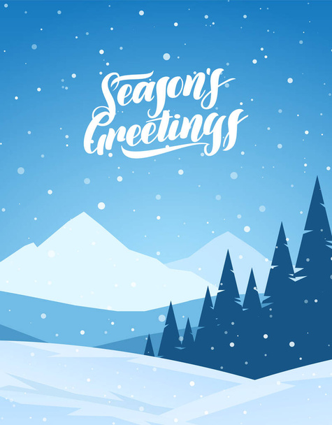 Blue vertical winter snowy landscape with lettering of Seasons Greetings. Merry Christmas and Happy New Year. - Вектор,изображение