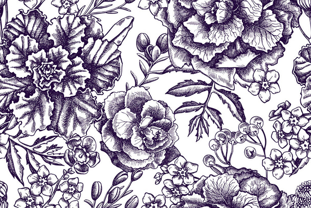 Artistic seamless pattern with wax flower, forget me not flower, tansy, ardisia, brassica, decorative cabbage - Вектор, зображення