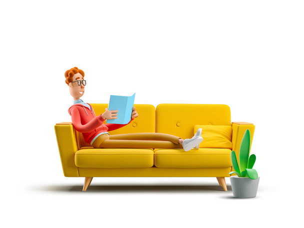 Ilustracja 3D. Kujon Larry czyta książkę na kanapie - Zdjęcie, obraz