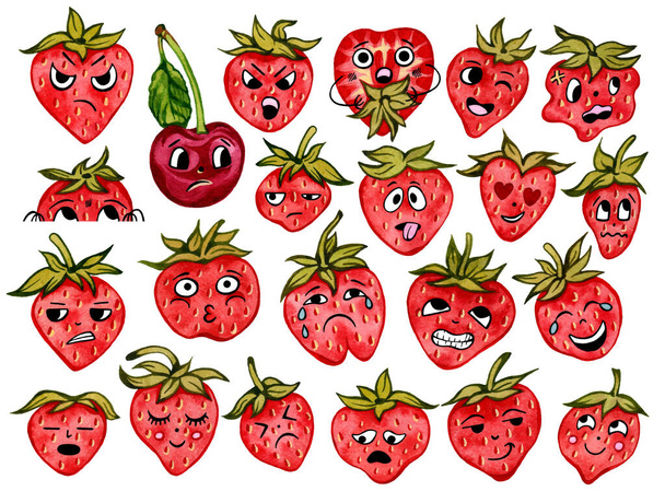 Sammlung von süßen Erdbeeren und Kirschen mit süßen Emotionen. Karikatur, Emoji. Zeichnen lustiger Früchte mit Schriftzeichen für Lebensmittelverpackungen, Cafés, Aufkleber, Logos, Textilien. Aquarellillustration. - Foto, Bild