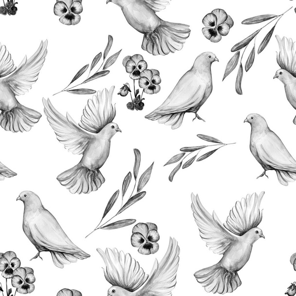 Watercolor seamless pattern of dove bird. - Photo, Image