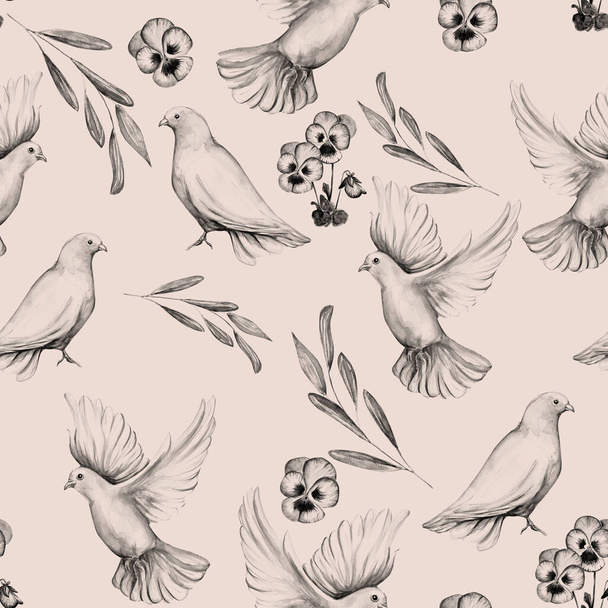 Watercolor seamless pattern of dove bird. - Photo, Image