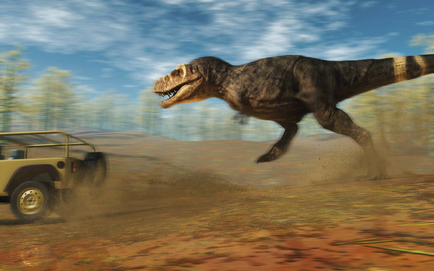 T-Rex vadide bir arabayı kovalıyor. Bu 3 boyutlu bir çizim. . - Fotoğraf, Görsel