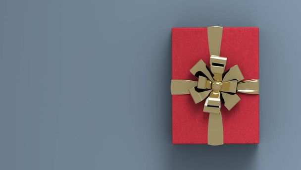 Süslü kırmızı hediye kutusu, altın fiyonklu ve kurdeleli. Gri arka plan. İçeriğiniz için kopyalama alanı mevcut. Noel hediyesi kutusu - Fotoğraf, Görsel