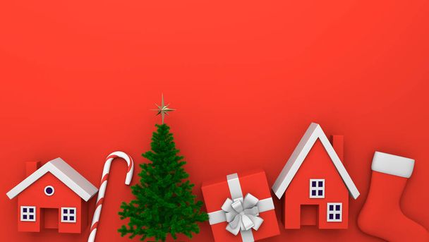 Bellissimo sfondo rosso di Natale con spazio di copia per il contenuto. Case, alberi, regali e calzini tutti di colore rosso e bianco. Questo e 'un rendering 3D. Questo è un modello per gli auguri di Natale, ecc - Foto, immagini