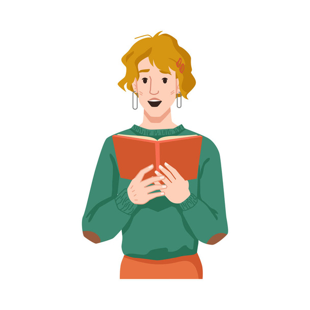 Девушка удивлена чтением, женщина чувствовать себя с книгой - Вектор,изображение