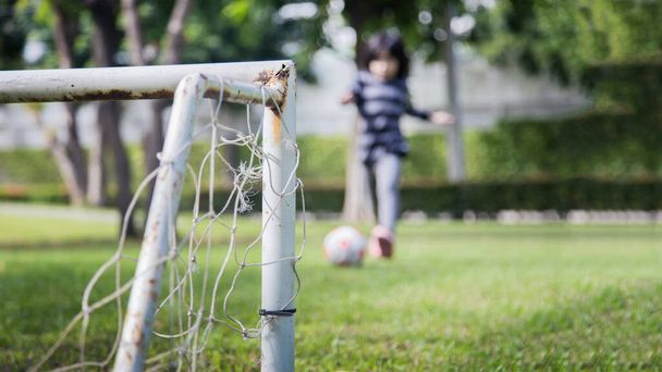 objetivo de enfoque en el campo con borroso niño pequeño practicar fútbol en el parque con espacio de copia (tamaño de la bandera) - Foto, Imagen