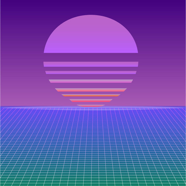 80年代のゲームのスタイルのイラスト。単純なパースグリッドの背景,抽象レトロな80年代スタイル,色の背景に孤立,イラスト - 写真・画像