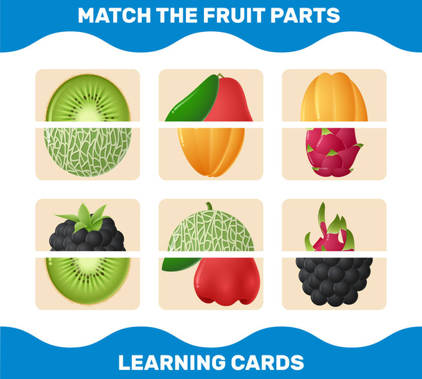 Ordnen Sie Cartoon Früchte Teile. Passendes Spiel. Lernspiel für Kinder und Kleinkinder im Vorschulalter - Vektor, Bild