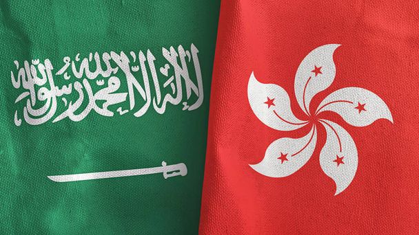 Hongkong und Saudi Arabien zwei Flaggen Textiltuch 3D-Rendering - Foto, Bild