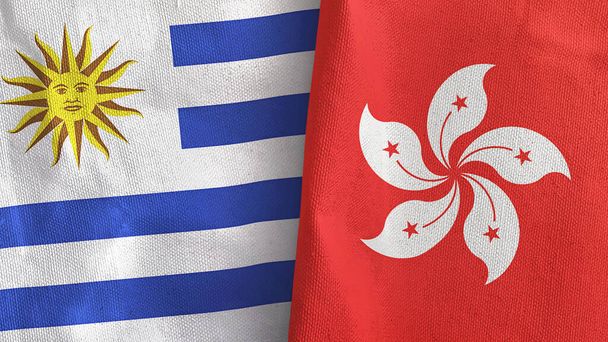 Hong Kong e Uruguai duas bandeiras de pano têxtil 3D renderização - Foto, Imagem