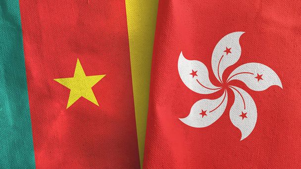 Hong Kong e Camarões duas bandeiras de pano têxtil 3D renderização - Foto, Imagem