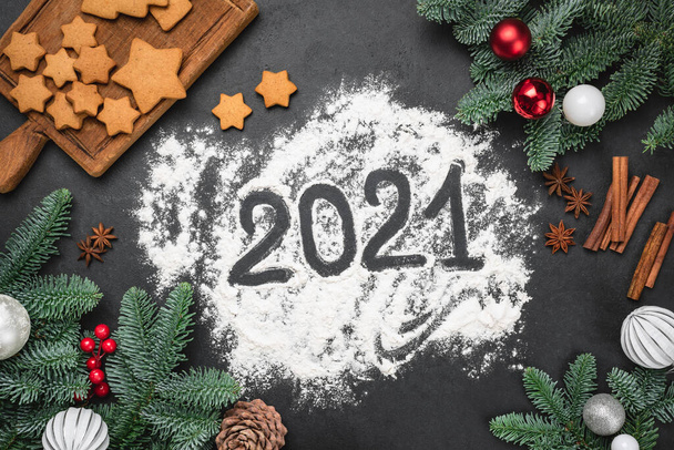 2021 New Year Gingerbread Cookies Baking Background - Фото, изображение