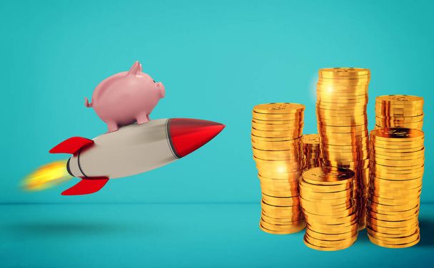Piggy bank fly on a rocket to reach the golden coins. Concept of fast increase of money. - Foto, Imagem