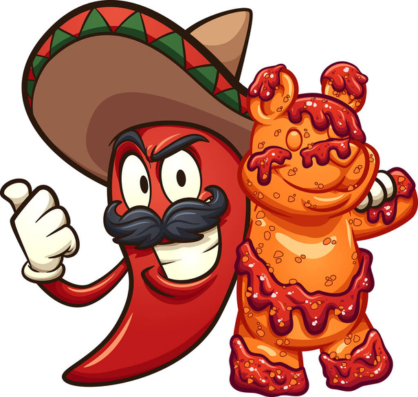Mexikanische Chilischote mit Gummibärchen in Gamssoße. Vektor Clip Art Illustration mit einfachen Farbverläufen. Einige Elemente auf einzelnen Ebenen. - Vektor, Bild