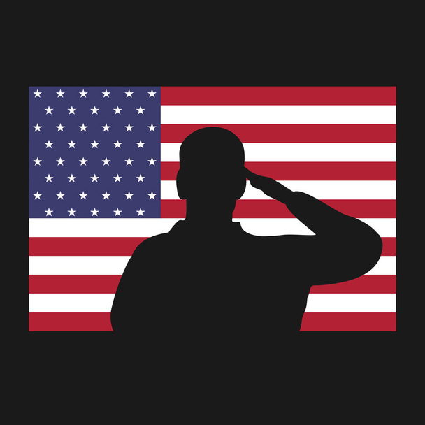 Χαιρετώ τη σιλουέτα στην εικόνα της Αμερικανικής σημαίας. Ημέρα βετεράνων ή ημέρα μνήμης περήφανη πατριωτική ιδέα. Εικονογράφηση διανύσματος. - Διάνυσμα, εικόνα