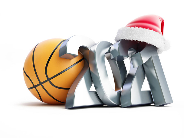 Basketbal nový rok 2021 Santa klobouk na bílém pozadí 3D ilustrace, 3D vykreslování - Fotografie, Obrázek