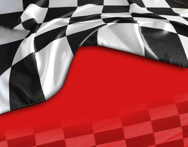 Checkered czarno-biała flaga na czerwonym tle - Zdjęcie, obraz