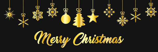 Ilustración de una tarjeta de felicitación navideña con adornos navideños y el mensaje Feliz Navidad en oro sobre fondo negro - Foto, imagen