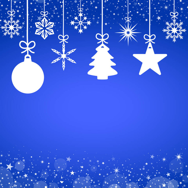 Ilustración de una tarjeta de felicitación navideña con adornos navideños en blanco sobre fondo azul - espacio para copiar - Foto, imagen