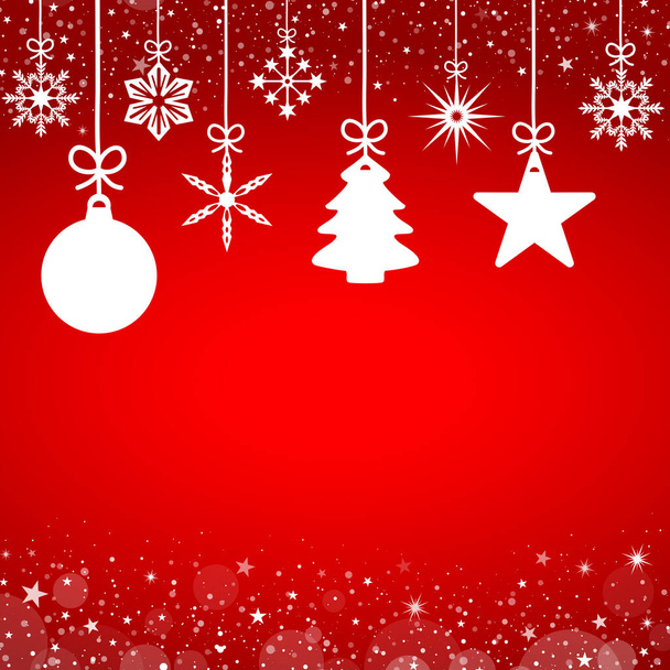 Ilustración de una tarjeta de felicitación navideña con adornos navideños en blanco sobre fondo rojo - espacio para copiar - Foto, imagen