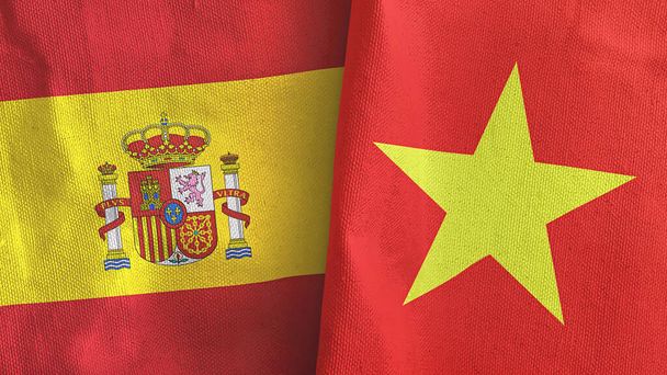 Vietnam and Spain two flags textile cloth 3D rendering - Фото, зображення