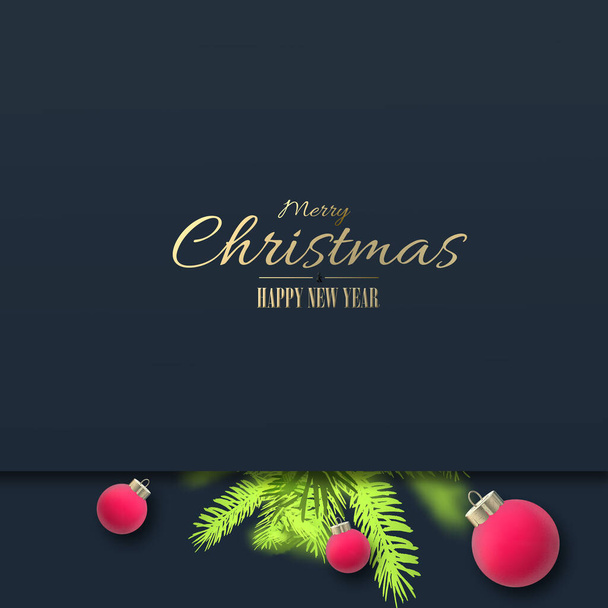 Tarjeta minimalista de Navidad con abeto de Navidad y bolas rojas realistas 3D bolas sobre fondo negro azul. Deseos navideños de oro. Representación 3D. Lugar para texto, espacio de copia - Foto, Imagen
