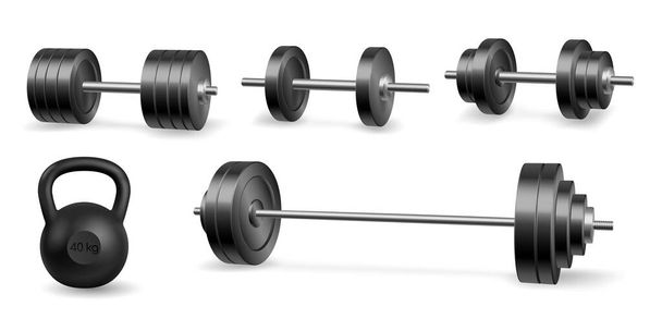 Barras de pesas y pesas fitness y equipos de musculación realista aislado - Vector, Imagen