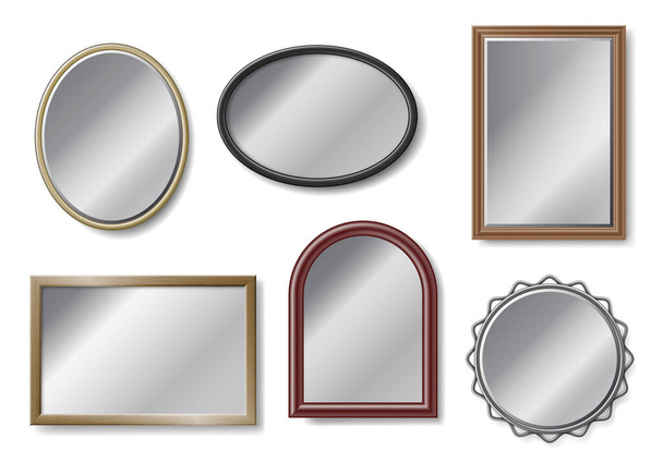 Set of realistic 3d mirrors in different frames isolated on white background - Vector, Image