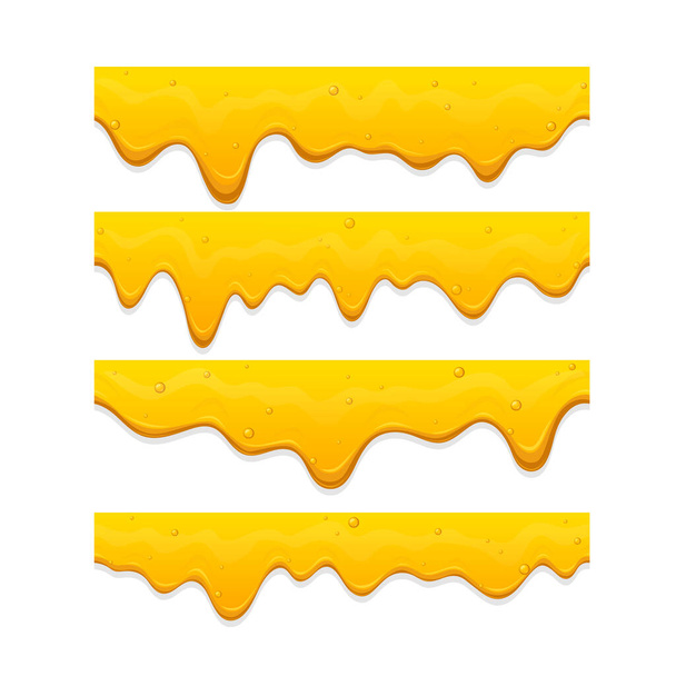 Set realistische naadloze druppelende honingdruppels, vloeibare gele vlekken, glanzende druppelloze rand met vallende druppels - Vector, afbeelding