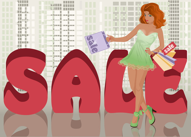 Shopping girl in city, vector illustration - Διάνυσμα, εικόνα
