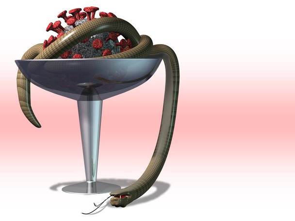 Ένα νεκρό φίδι σε ένα ιατρικό μπολ και ένα μοντέλο του Covid - 19 Coronavirus Χιούμορ. 3D, απεικόνιση. - Φωτογραφία, εικόνα