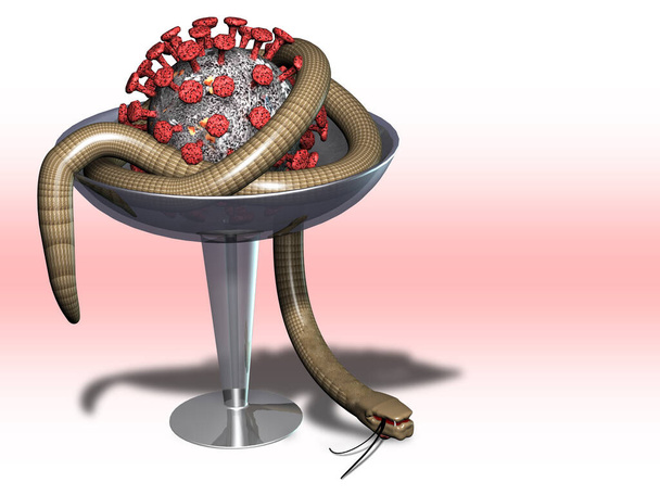 Ένα νεκρό φίδι σε ένα ιατρικό μπολ και ένα μοντέλο του Covid - 19 Coronavirus Χιούμορ. 3D, απεικόνιση. - Φωτογραφία, εικόνα