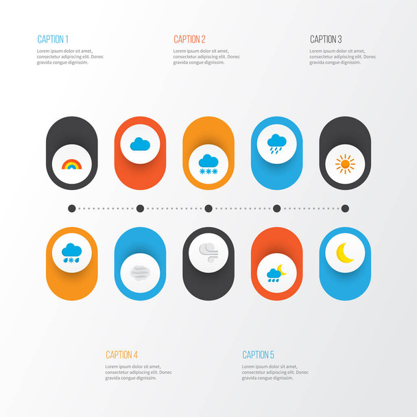 Climate icons flat style set with blizzard, shower, cloudy and other storm elements. Isolated vector illustration climate icons. - Vector, Image