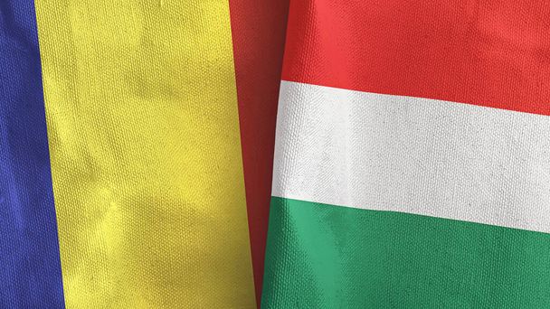 Hungría y Rumanía dos banderas de tela textil 3D renderizado - Foto, imagen