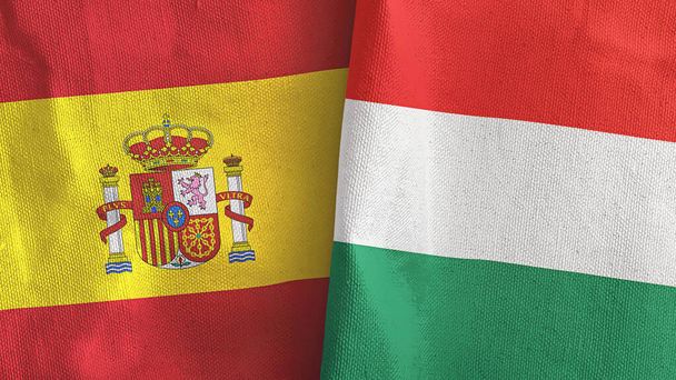 Hungría y España dos banderas de tela textil 3D renderizado - Foto, imagen