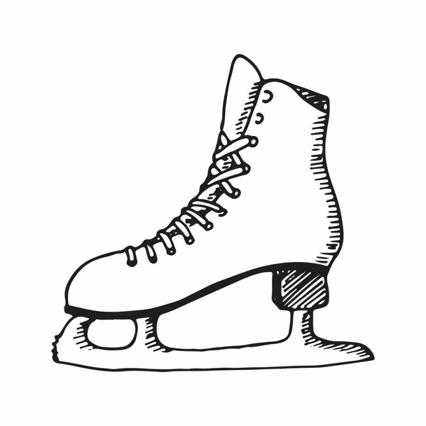 White winter skates for women for ice rolling. Figure skating element. Vector hand drawn illustration in sketch doodle isolated on white. Concept of winter gifts, sport, holidays, christmas new year - Vector, Image