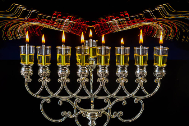 Jewish festival of lights holiday symbol Chanukkah menorah oil candles - Photo, Image