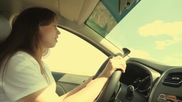 Mujer joven conduciendo en un coche o caravana viaja por el campo. La chica está sola en el transporte. Canta la melodía de la canción, las vibraciones de las vacaciones de verano - Metraje, vídeo
