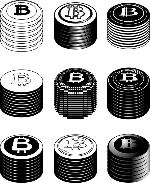 Αυτή είναι μια απεικόνιση των μονόχρωμων Bitcoin μετάλλια συσσωρεύονται λίγο  - Διάνυσμα, εικόνα