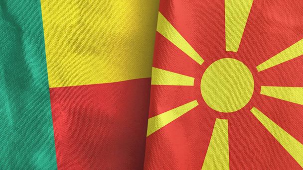 North Macedonia and Benin two flags textile cloth 3D rendering - Foto, immagini