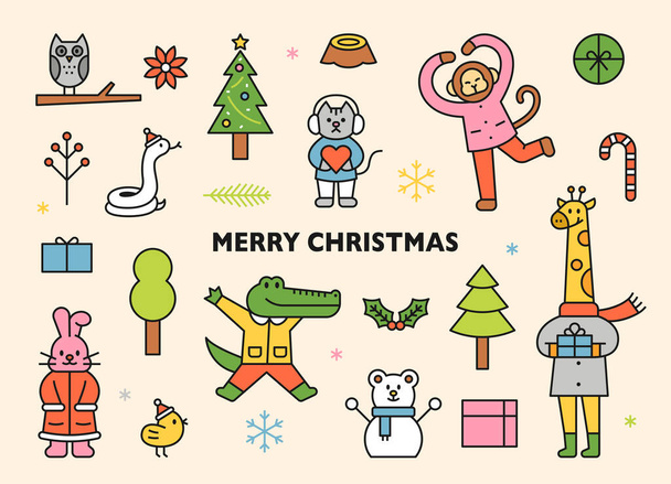 Noel ve mutlu hayvanlar. Antropomorfik hayvan karakterleri Noel hediyeleri taşıyor. düz tasarım biçimi asgari vektör çizimi. - Vektör, Görsel