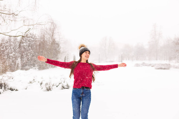 Dívka v červené v zasněženém parku v zimě, když sněží. - Fotografie, Obrázek