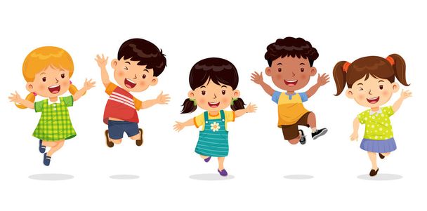 Lindos niños y niñas saltando con alegría y diversión. Caricatura carácter vector - Vector, imagen