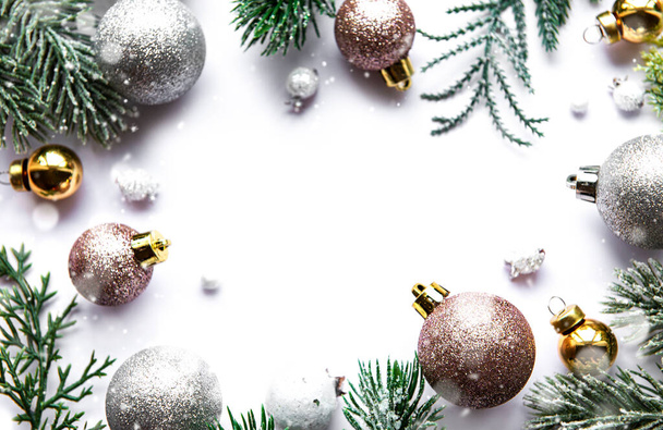Festive white background with Christmas decorations. Flat lay, top view. Copy space for text. - 写真・画像