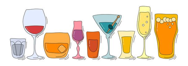 Collection of glasses of alcohol. Beer champagne red wine liquor vodka martini whiskey rum tequila. Hand draw cartoon isolated illustration. Doodle line art graphic design. Freehand drawing style - Vector, Image