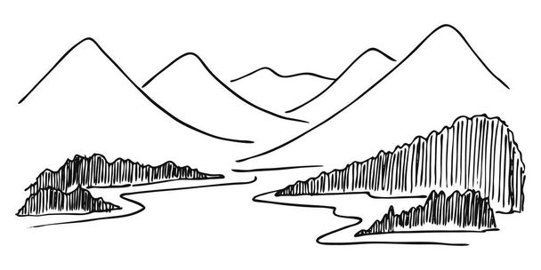 Mountain with pine trees and lake landscape black on white background. Hand drawn rocky peaks in sketch style. Vector illustration. - Vector, Image