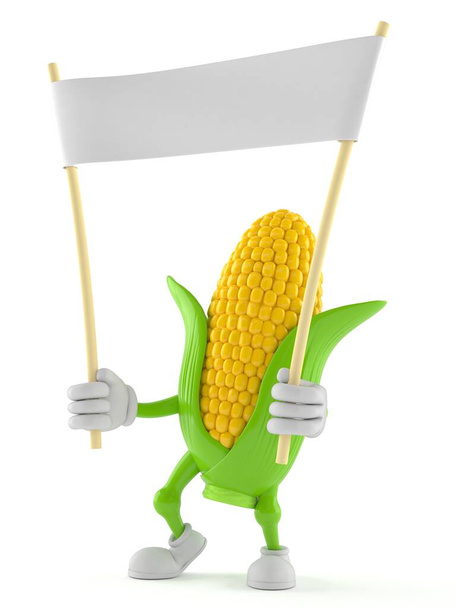 Kukorica karakter kezében üres banner elszigetelt fehér háttérrel. 3d illusztráció - Fotó, kép