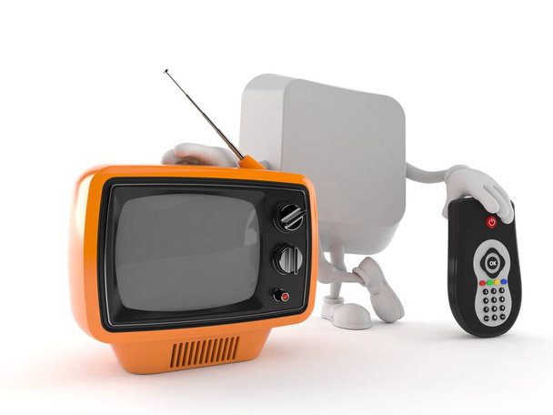 Personaggio chiave computer con televisore e remoto isolato su sfondo bianco. Illustrazione 3d - Foto, immagini