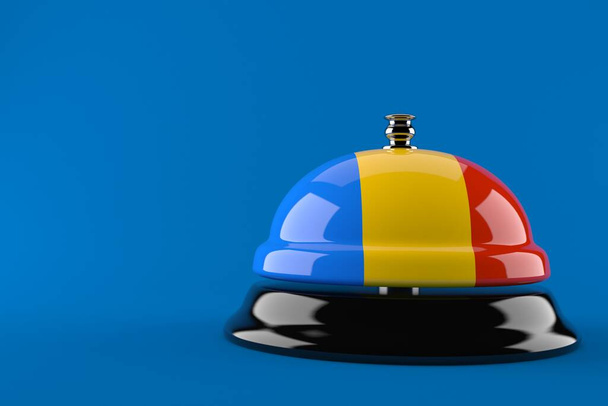 Hotelglocke mit rumänischer Flagge isoliert auf blauem Hintergrund. 3D-Illustration - Foto, Bild